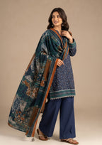 Blue Patels 3 Piece Stitched Lawn Suit from the fasl-e-rang collection by Mirasl back view with navy printed lawn shirt and dupatta