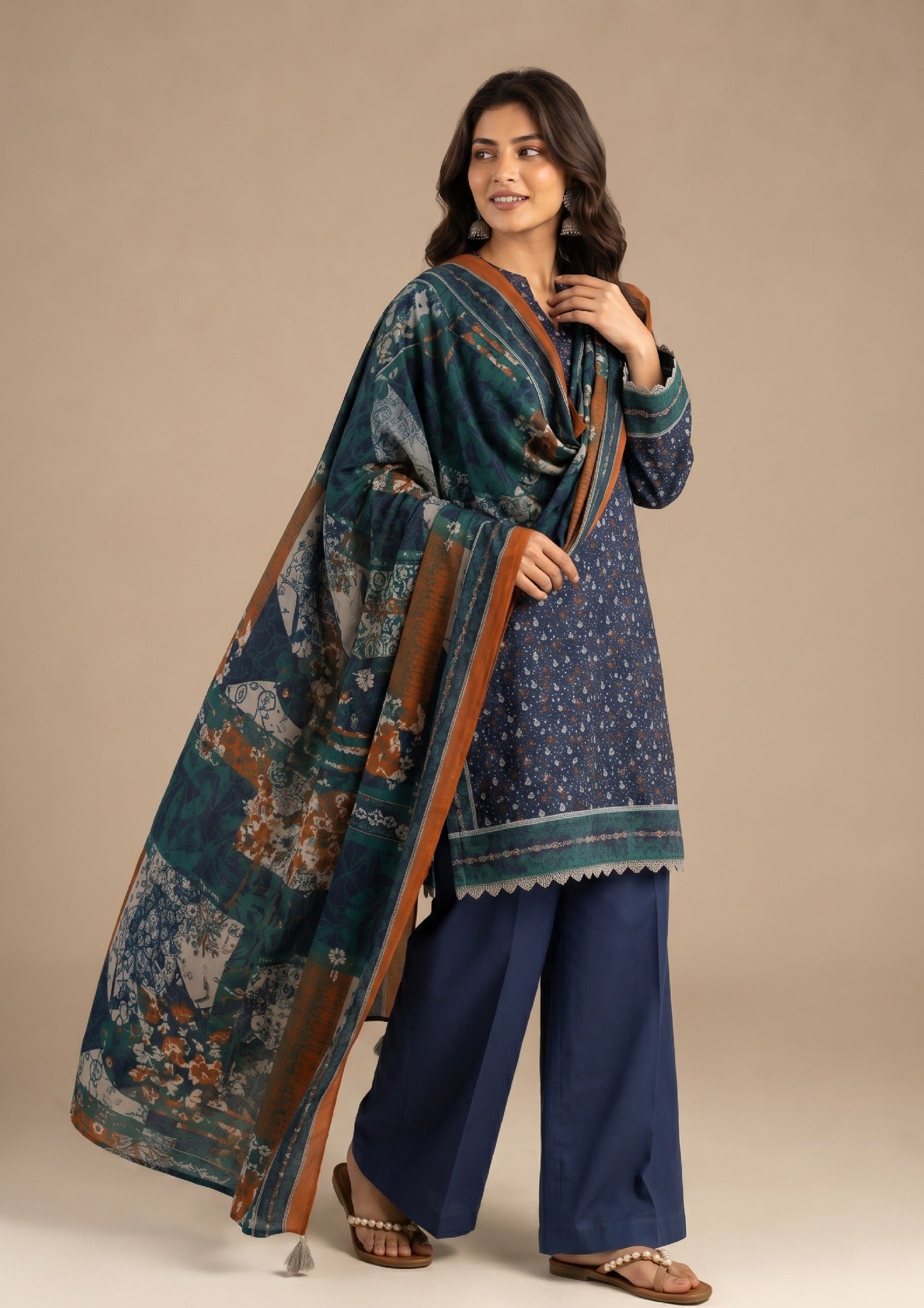 Blue Patels 3 Piece Stitched Lawn Suit from the fasl-e-rang collection by Mirasl back view with navy printed lawn shirt and dupatta