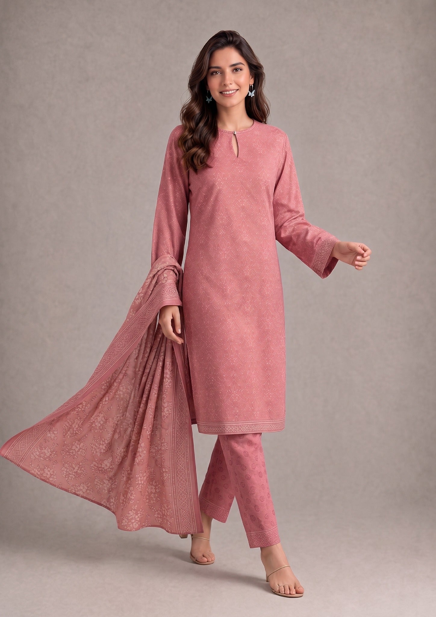 Front styling view of Blush Ensemble 3 Piece Stitched Printed Lawn Suit highlighting the printed lawn fabric, matching trouser and elegant dupatta drape.