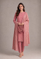 Seated editorial view of Blush Ensemble printed lawn suit emphasizing the breathable fabric, blush pink print and coordinated dupatta styling from Mirasl.