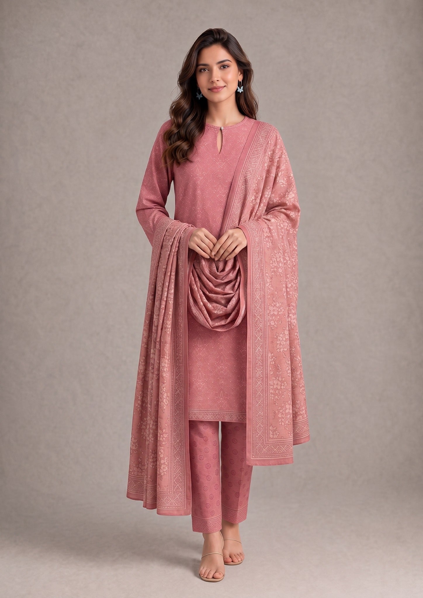 Seated editorial view of Blush Ensemble printed lawn suit emphasizing the breathable fabric, blush pink print and coordinated dupatta styling from Mirasl.