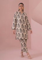 Full look of Botanical Foliage Noir ready to wear 2 piece coard suit with ivory botanical print shirt and straight-leg trousers