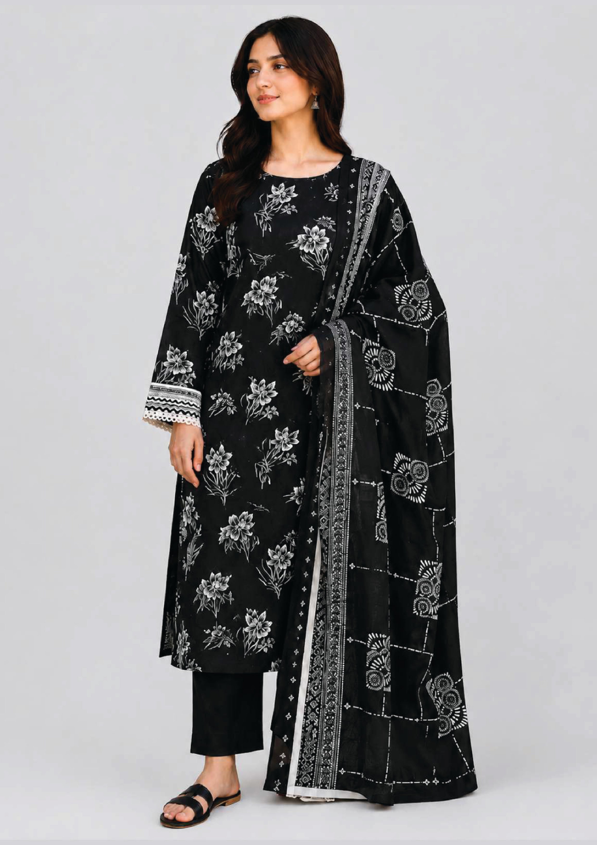 Botanical Sketch Noir black 3 piece stitched lawn suit for Pakistani women