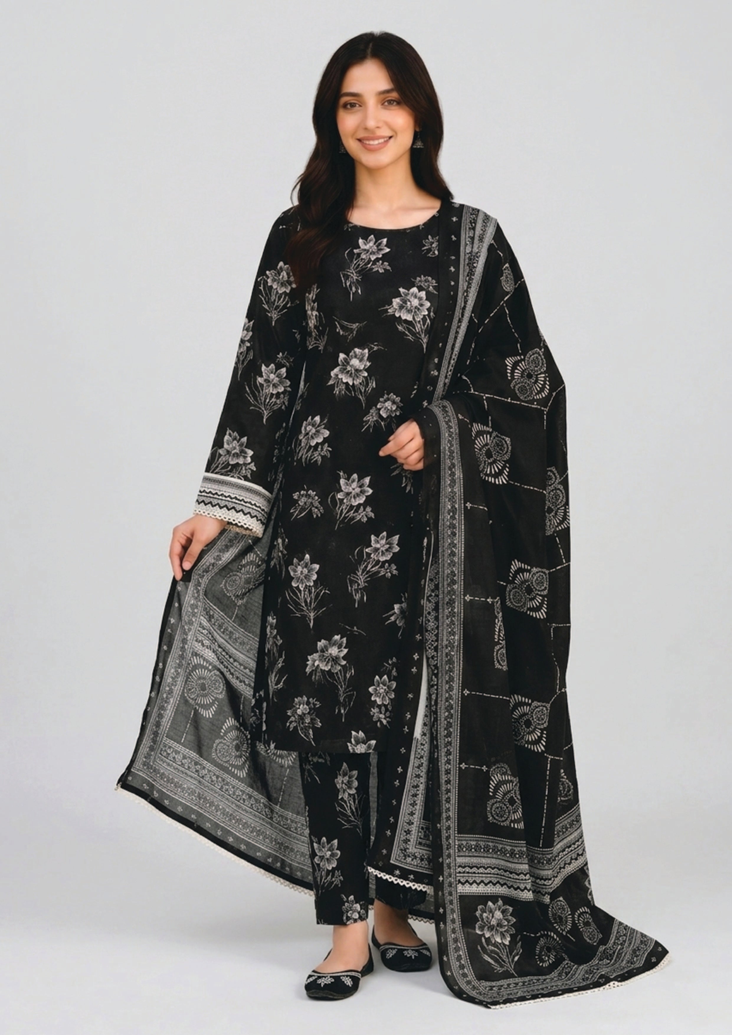 Botanical Sketch Noir floral kurta lawn suit with ivory sketch print