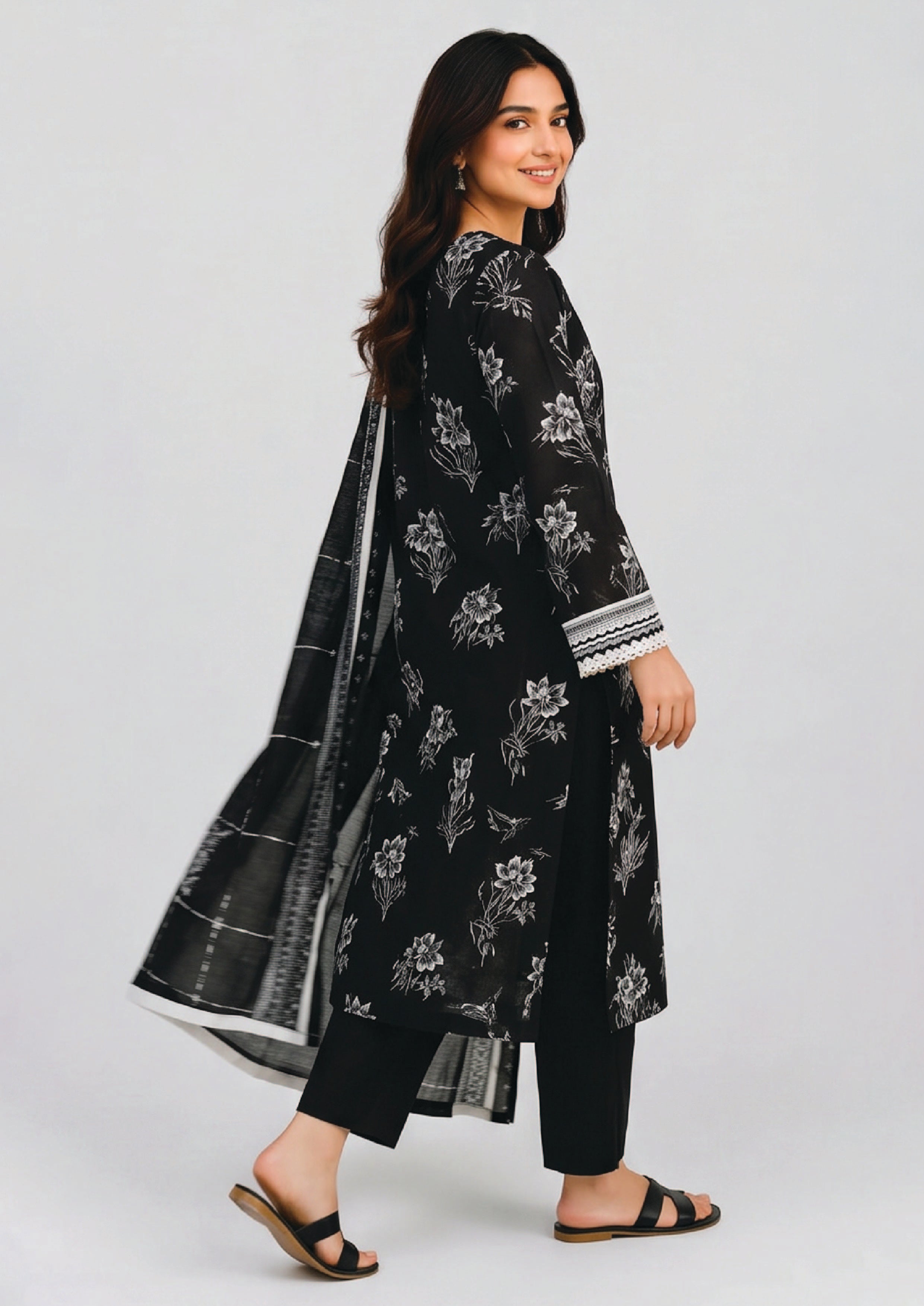 Botanical Sketch Noir kurta trouser dupatta suit with lace cuffs