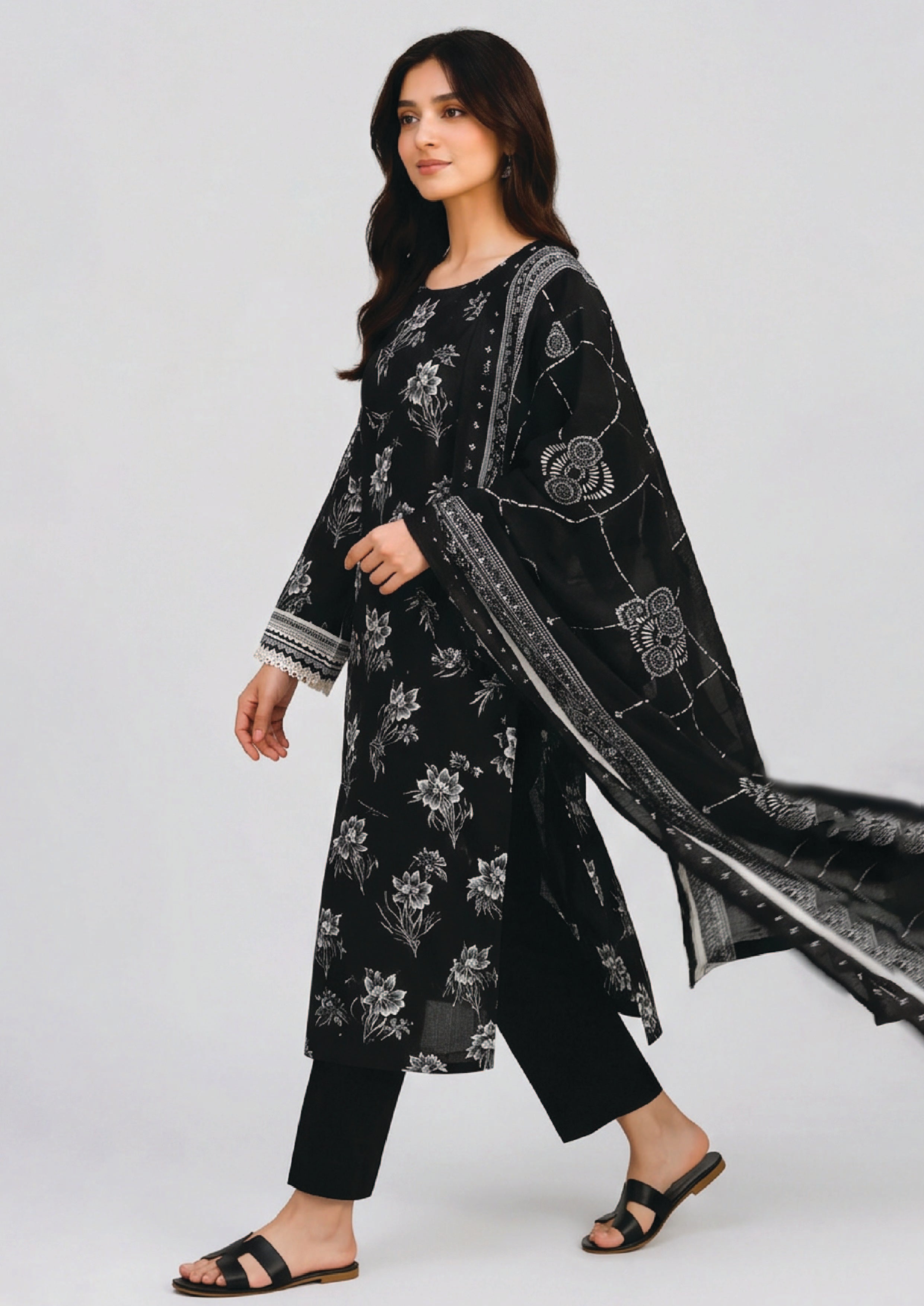Botanical Sketch Noir semi formal black lawn suit with botanical print