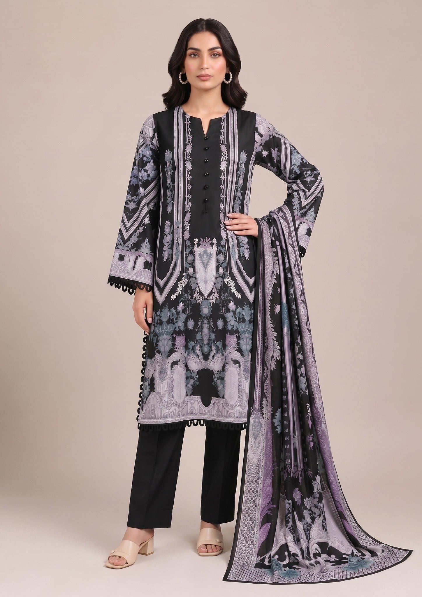Celestial Onyx 3 Piece Stitched Lawn Suit in Printed Lawn with black floral print and matching dupatta by Mirasl