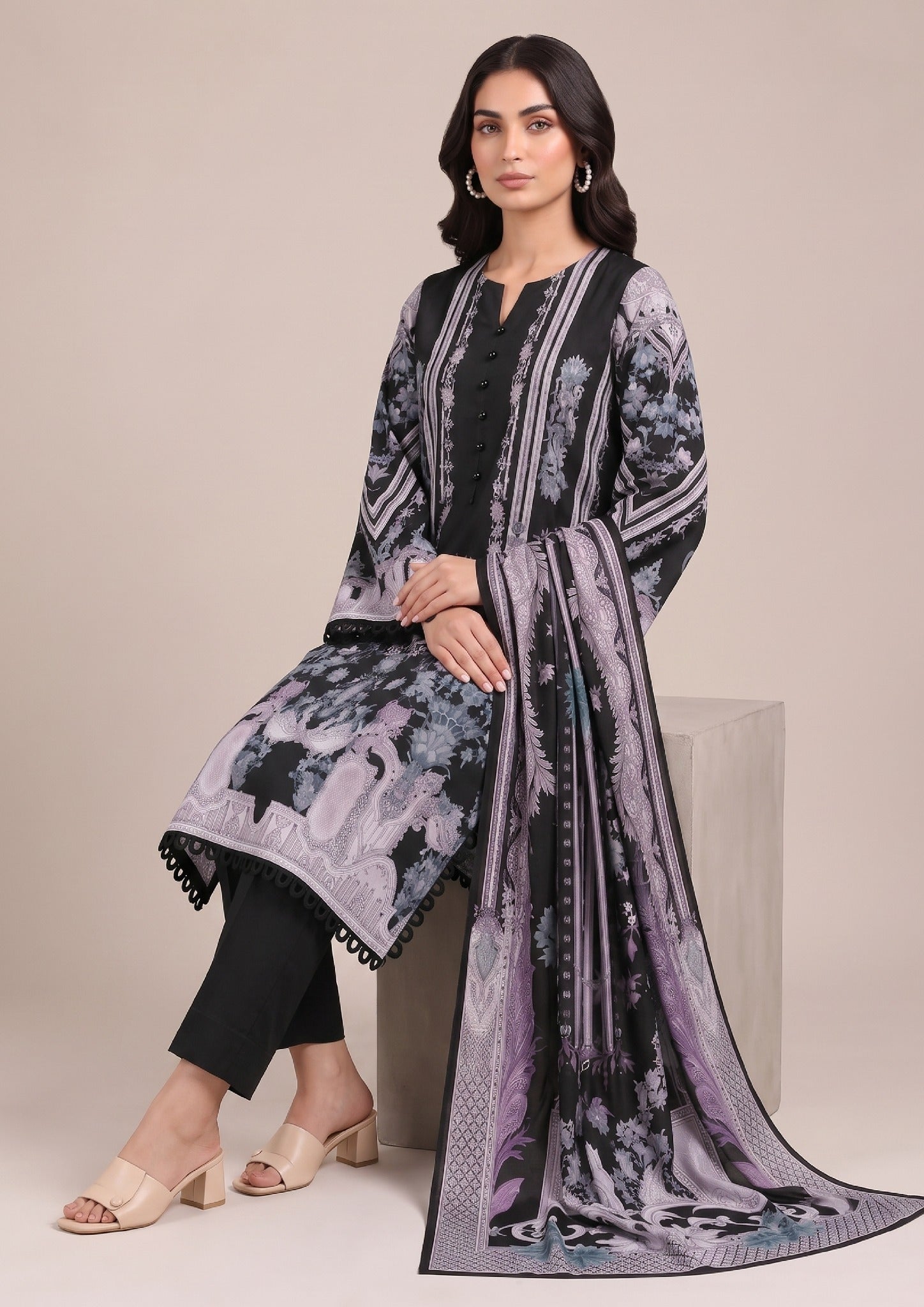 Celestial Onyx Pakistani Lawn Suit featuring onyx black shirt, black trouser, and coordinated printed dupatta