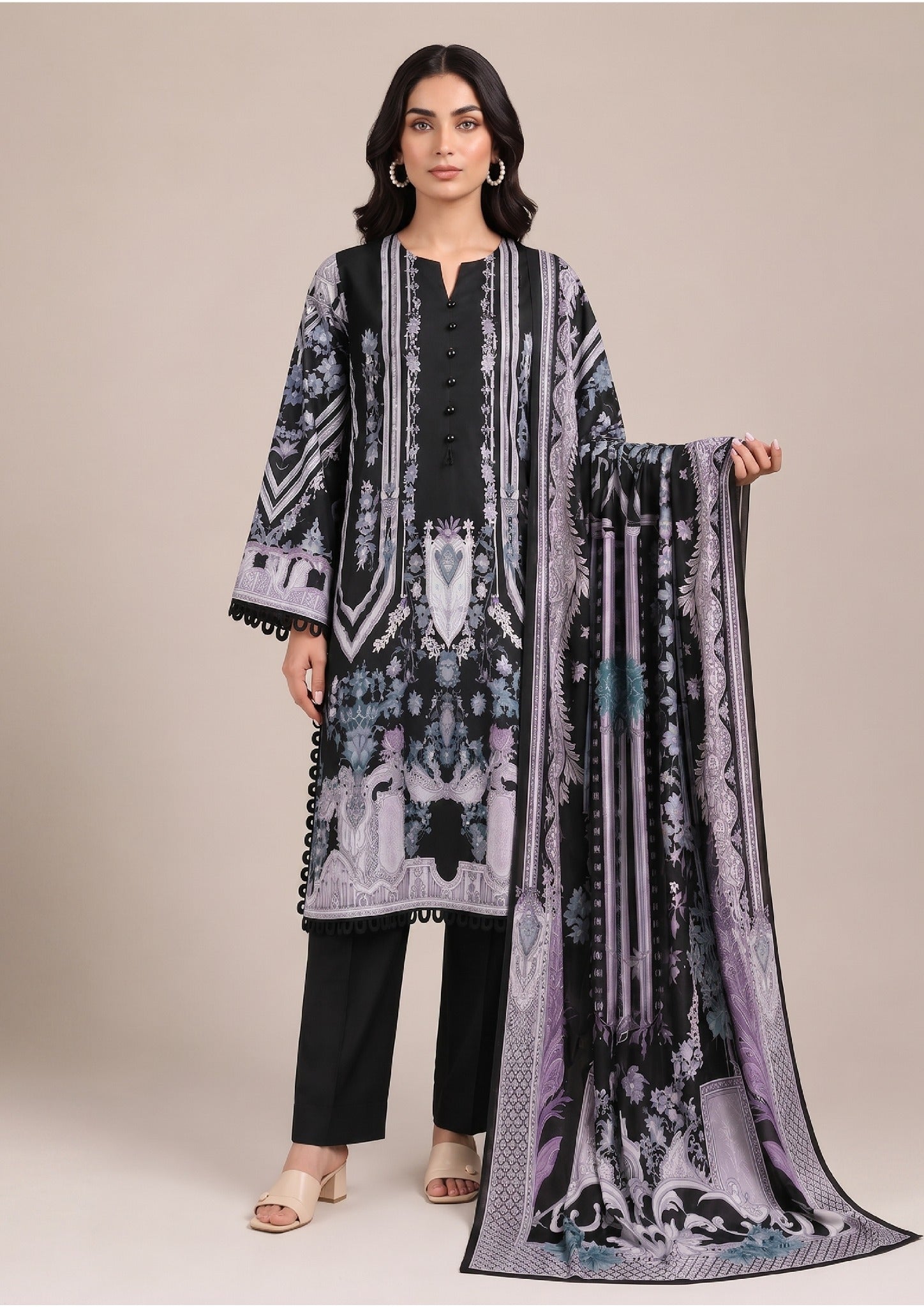 Front view of Celestial Onyx stitched printed lawn suit with lavender printed dupatta by Mirasl