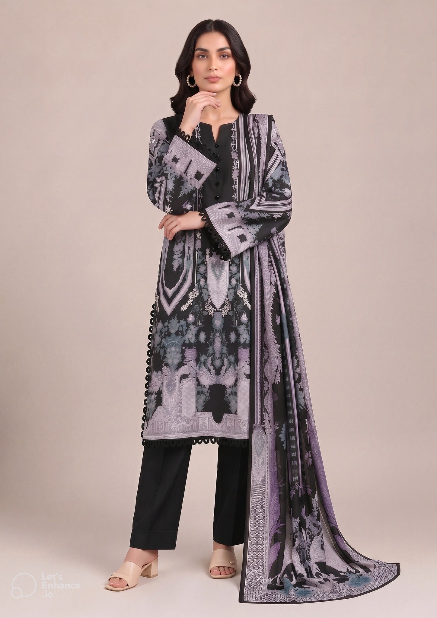 Celestial Onyx women's lawn suit from the fasl-e-rang collection with black trouser and printed dupatta