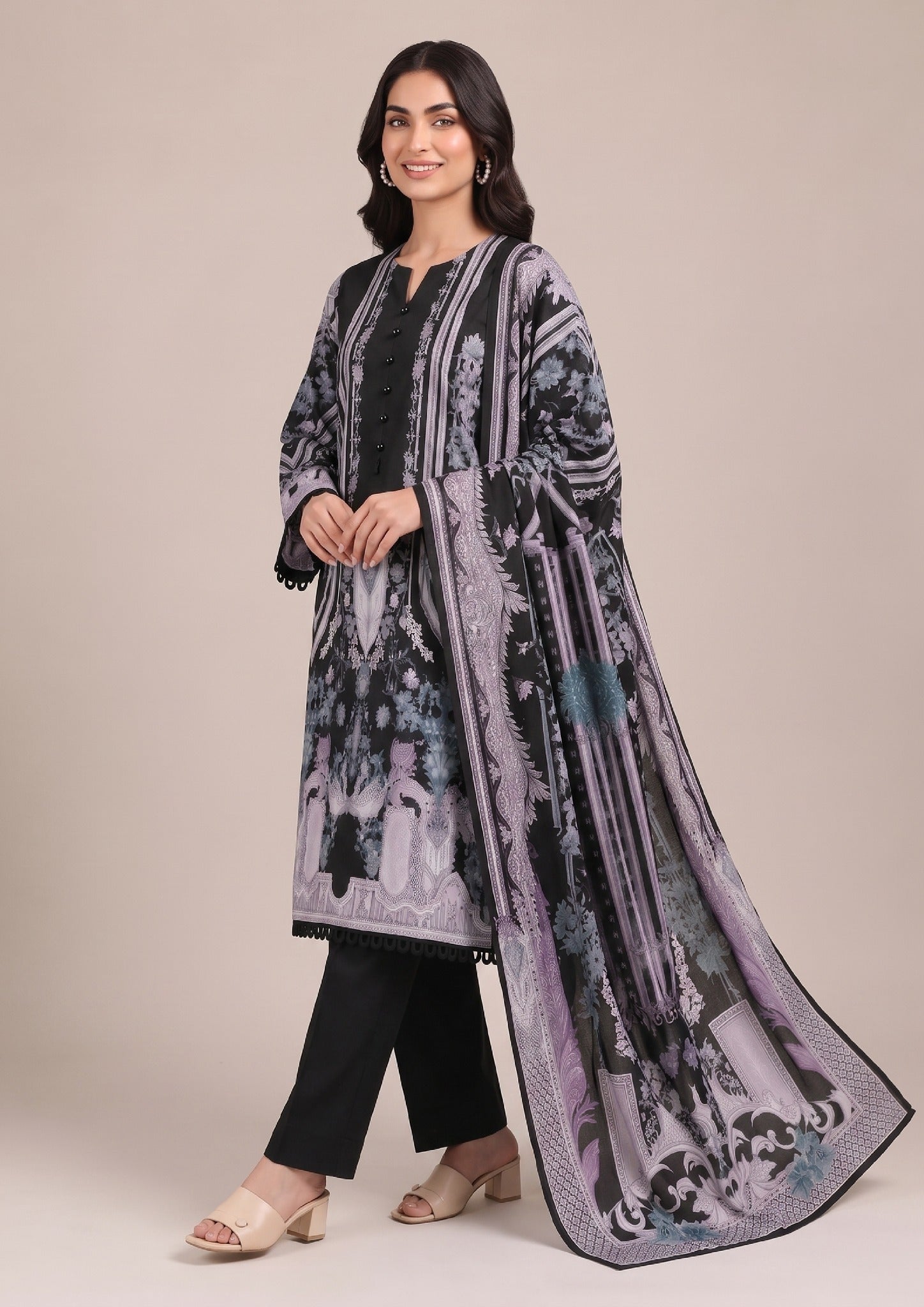 Celestial Onyx product view with coordinated printed lawn suit and dupatta by Mirasl