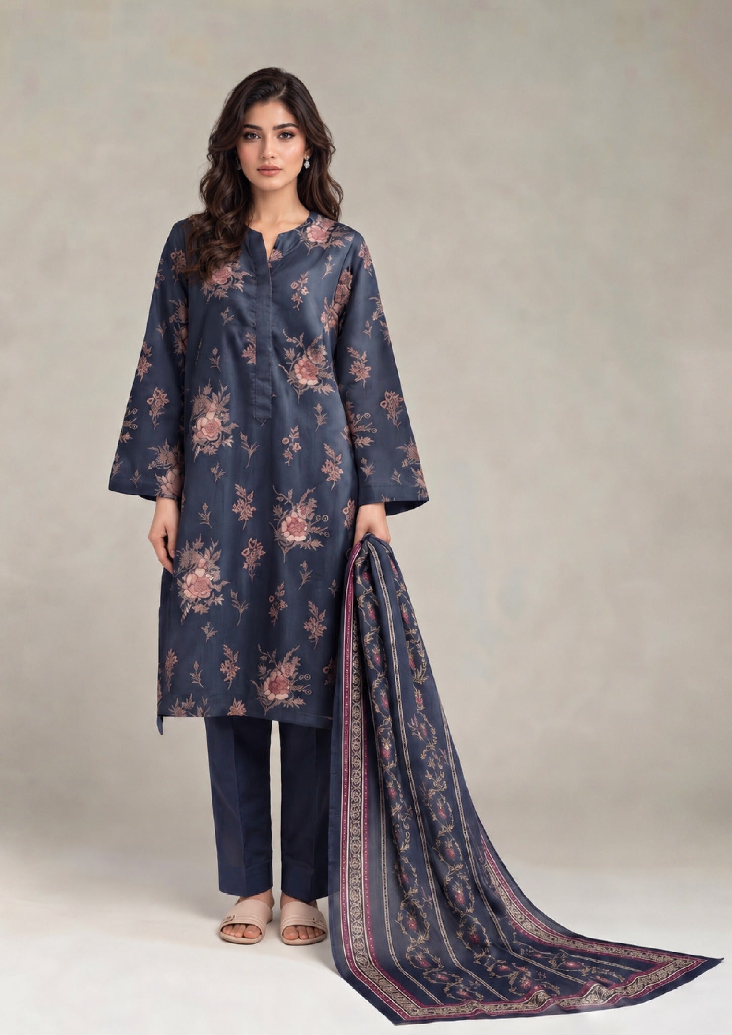 Celestial Petals 3 Piece Stitched Lawn Suit by Mirasl from the fasl-e-rang collection front view