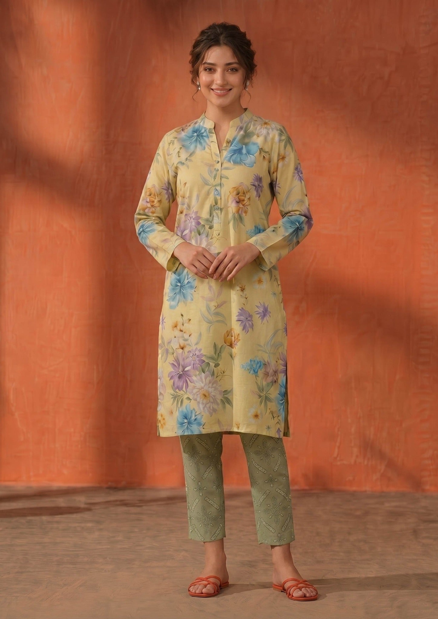 Model wearing Mirasl Cerulean Flora 2 piece co-ord set with pale yellow floral printed lawn knee-level shirt and sage printed straight trouser.