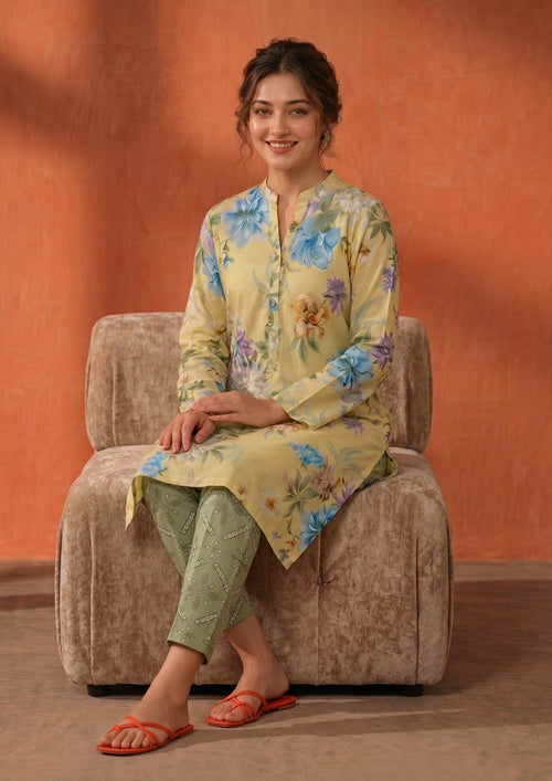 Front full-length view of Mirasl Cerulean Flora ready to wear lawn co-ord set featuring floral printed knee-level shirt and printed straight trouser.