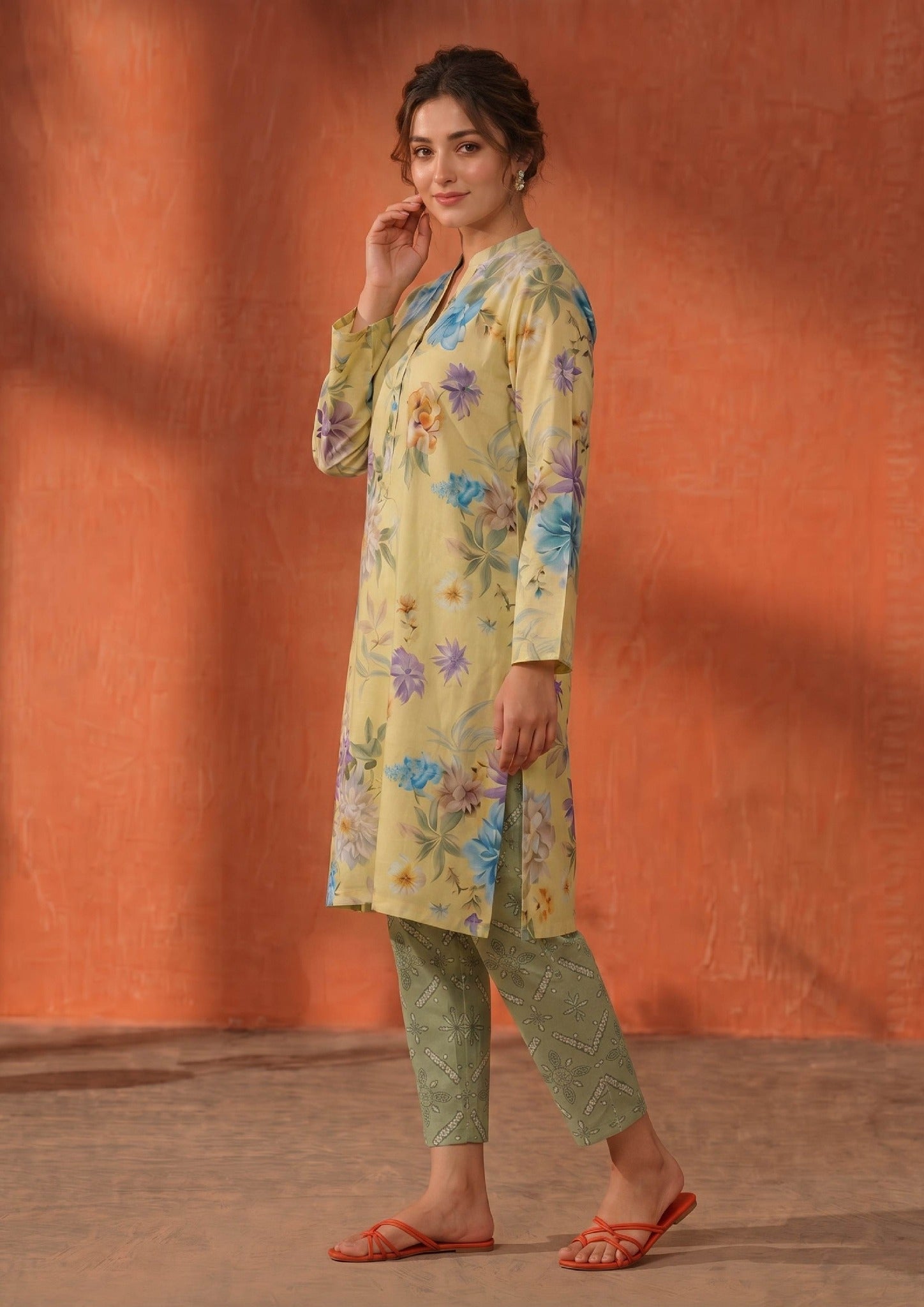 Side view of Mirasl Cerulean Flora stitched lawn 2 piece co-ord set showing relaxed straight fit shirt, side slit, and sage printed trouser.