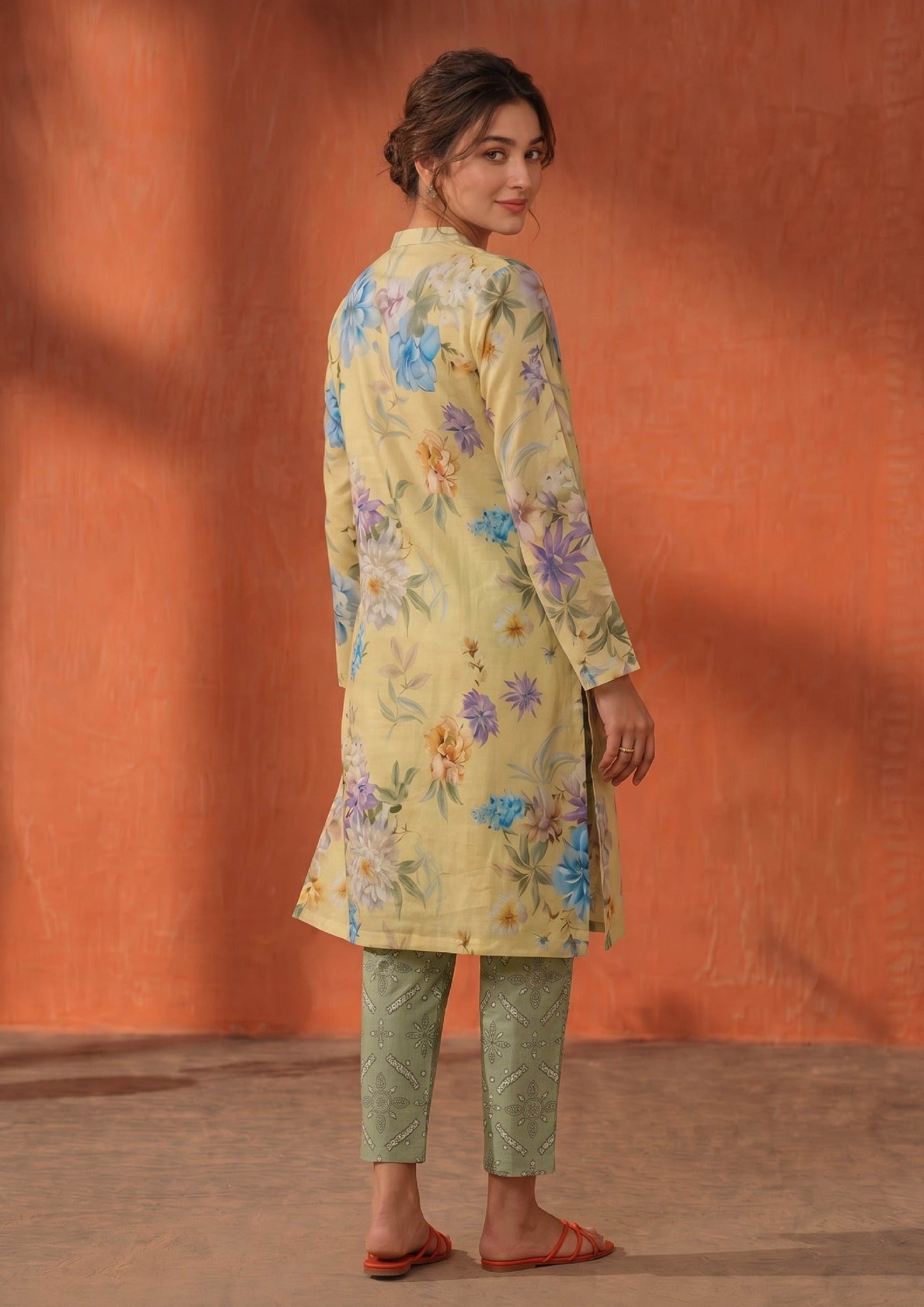 Back view of Mirasl Cerulean Flora floral printed lawn knee-level shirt paired with sage green printed straight trouser.
