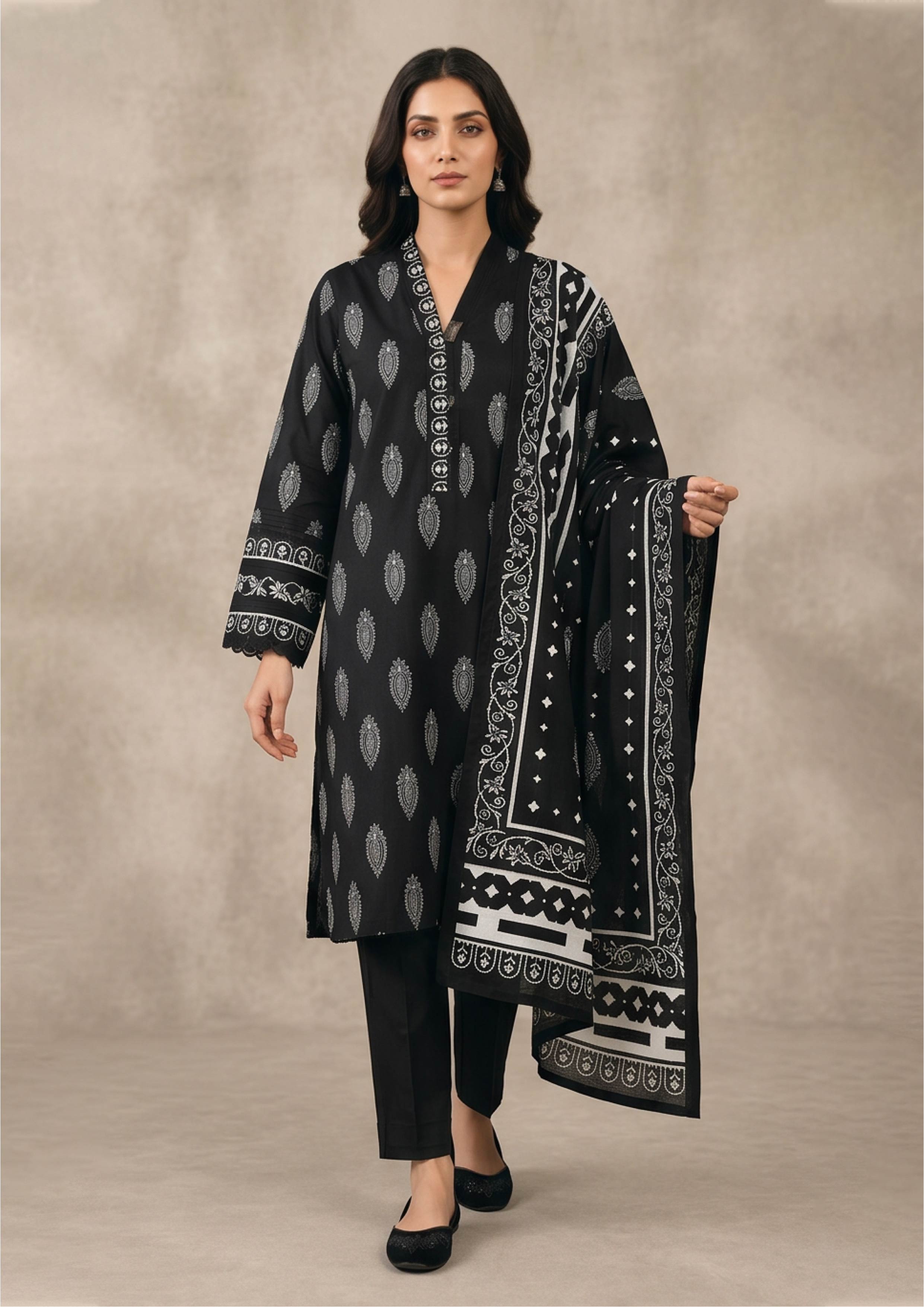 Charcoal Noir black 3 piece stitched lawn suit for Pakistani women