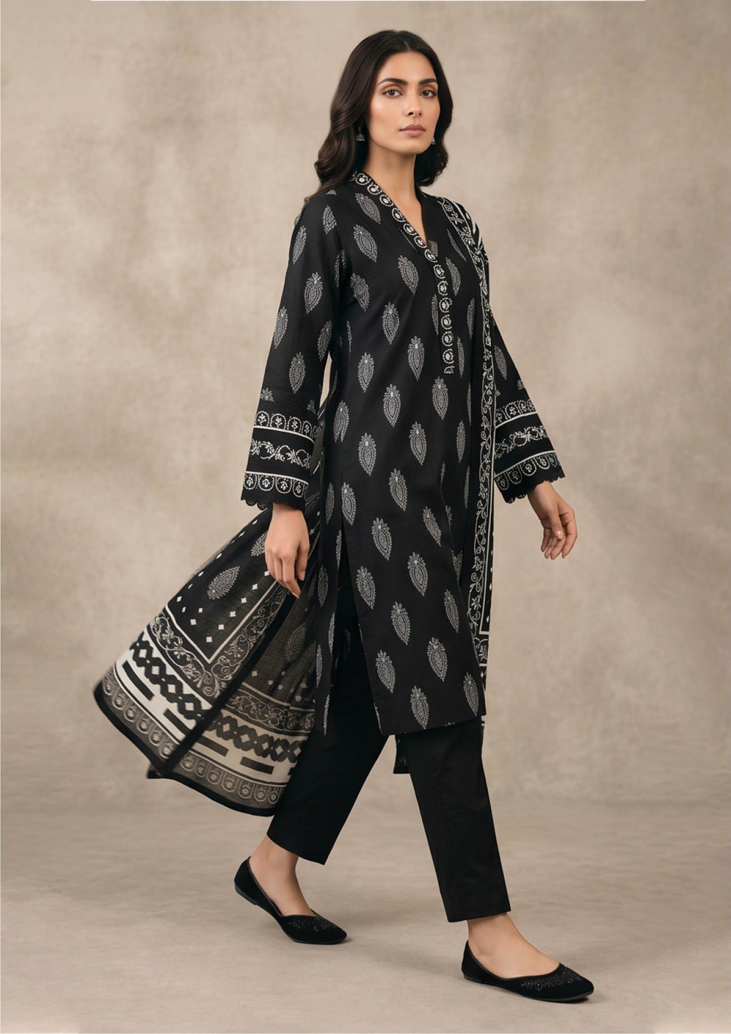 Charcoal Noir black kurta trouser dupatta suit with ivory floral print
