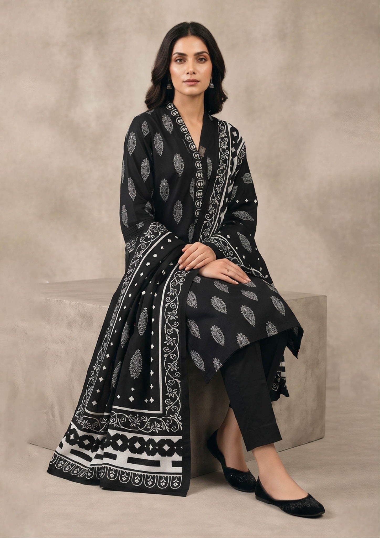 Charcoal Noir stitched lawn suit with printed dupatta and ivory borders