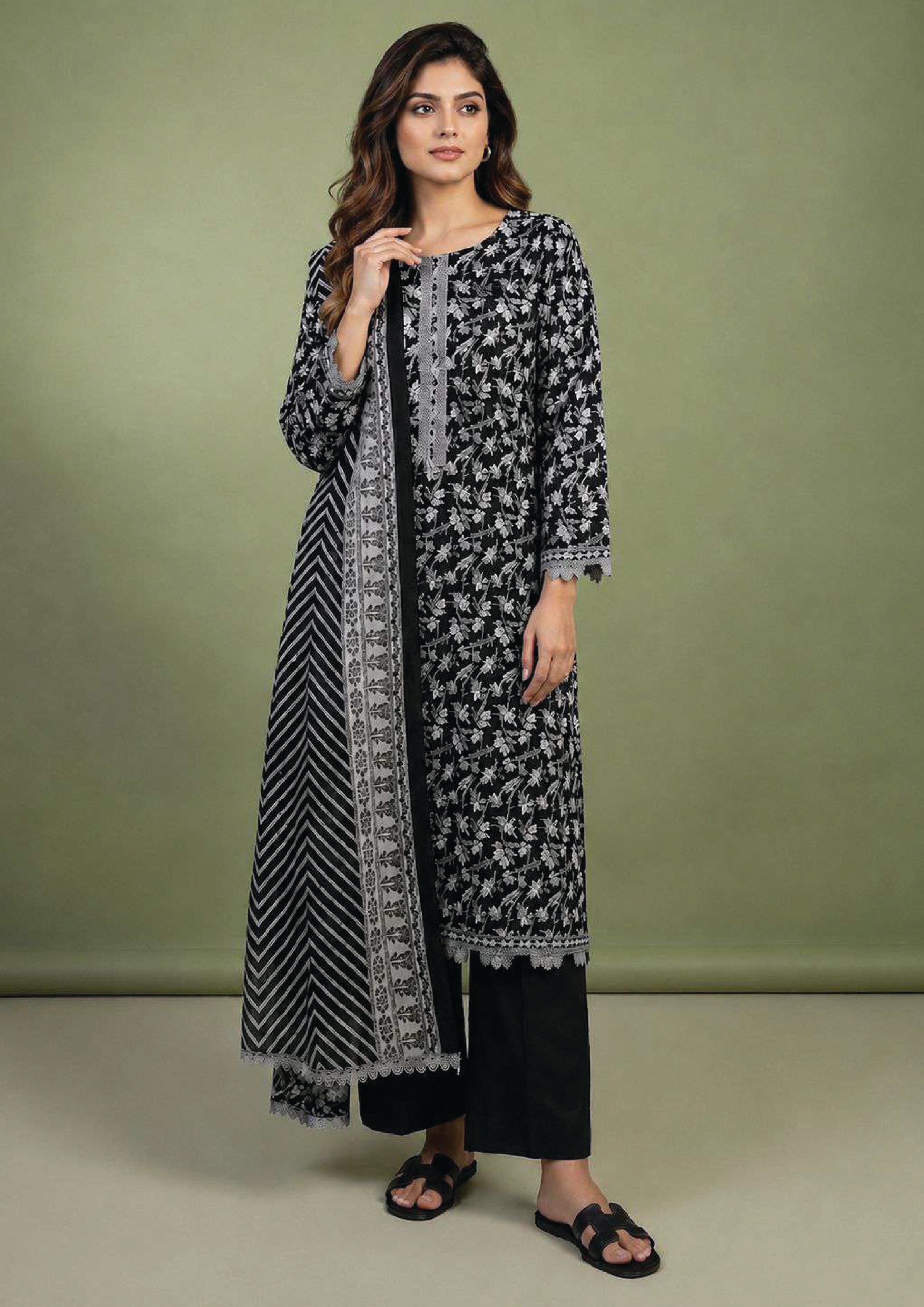 Chevron Bloom Noir 3 piece stitched lawn suit by Mirasl with black floral printed shirt, wide trouser and chevron printed dupatta