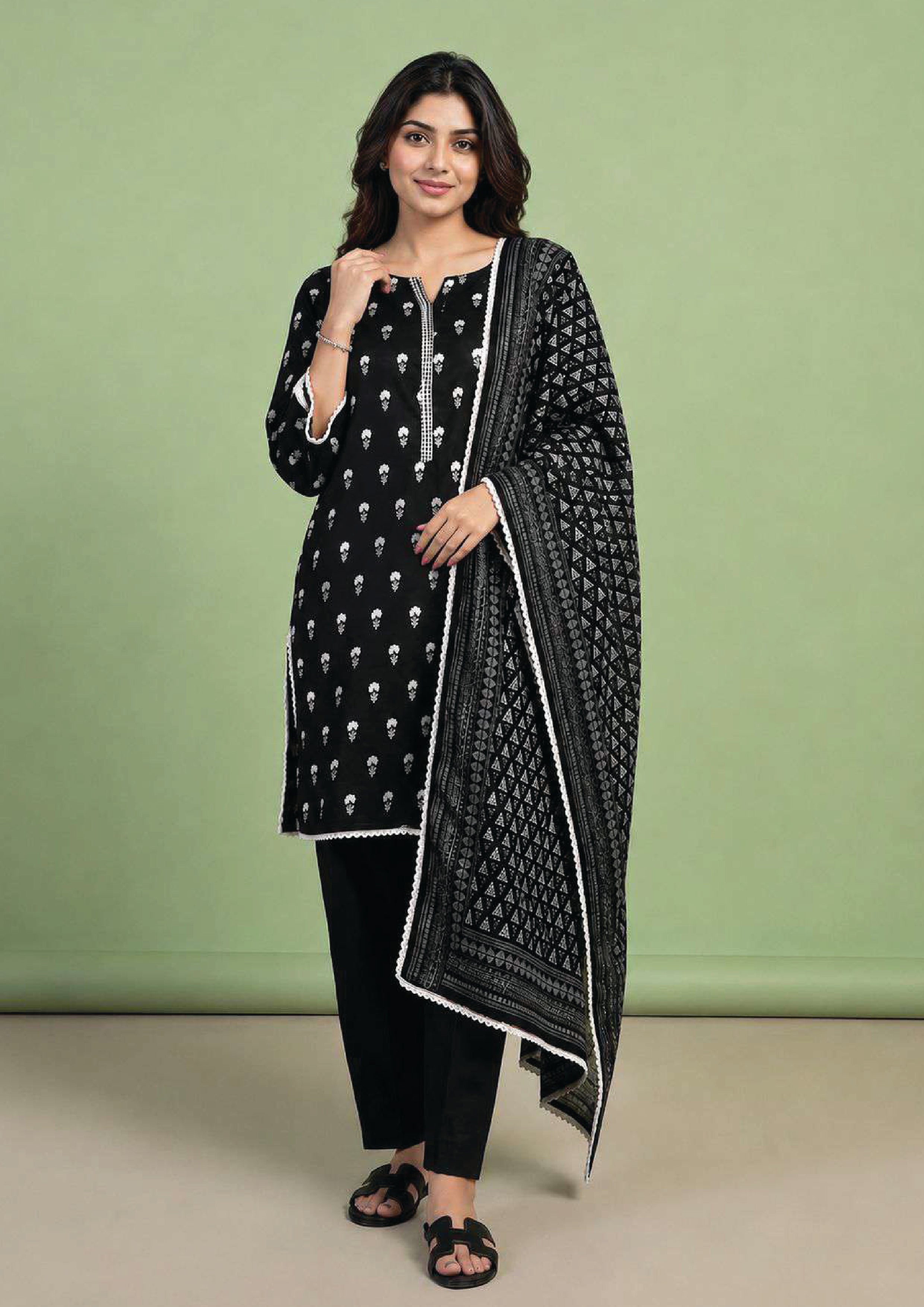 Chevron Motif Noir 3 piece stitched lawn suit by Mirasl with black printed shirt, straight trouser and chevron dupatta