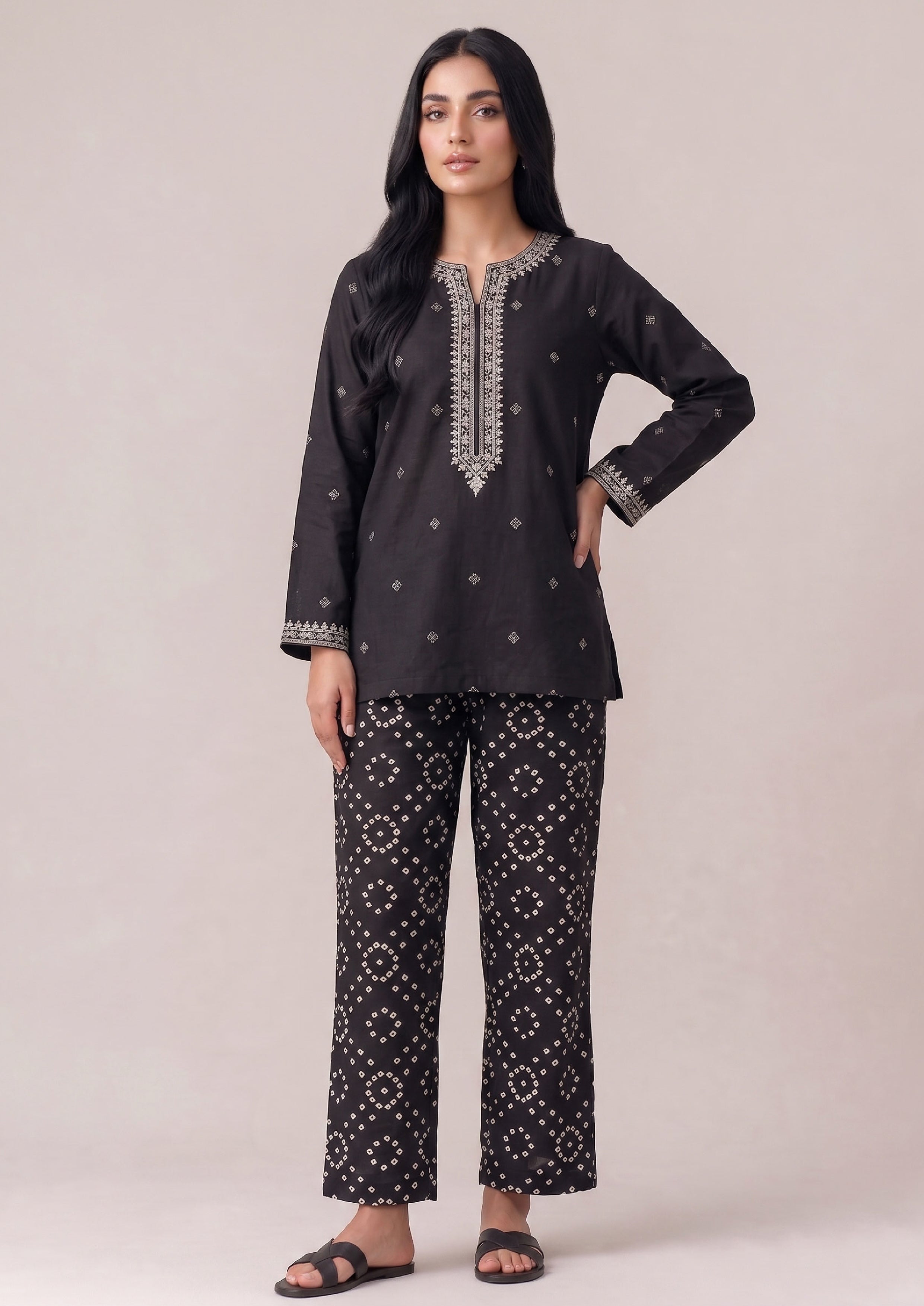 Chunri Noir black printed women trouser by Mirasl with white ethnic motifs and straight relaxed fit