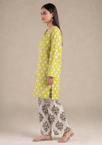 Back view of Mirasl Citrus Chevron printed lawn co-ord set showing relaxed straight fit knee-level shirt and printed trouser.