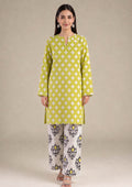 Front view of Mirasl Citrus Chevron stitched lawn suit with knee-level shirt, side slits, and contrasting printed trouser.