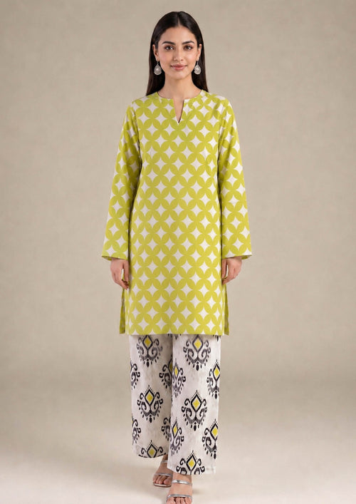 Front view of Mirasl Citrus Chevron stitched lawn suit with knee-level shirt, side slits, and contrasting printed trouser.