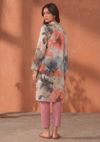 Back view of Mirasl Coral Dream printed lawn co-ord set showing watercolor floral shirt and fuchsia printed trouser.