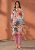 Mirasl Coral Dream 2 piece printed lawn co-ord set in coral, peach, grey and beige floral print with fuchsia printed straight trouser.