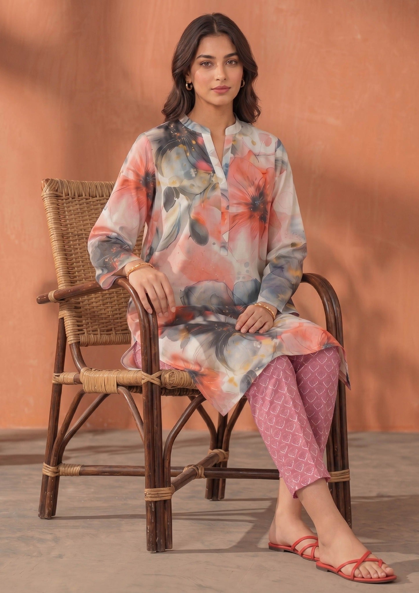 Seated view of Mirasl Coral Dream printed lawn co-ord set featuring coral floral shirt and fuchsia printed straight trouser.