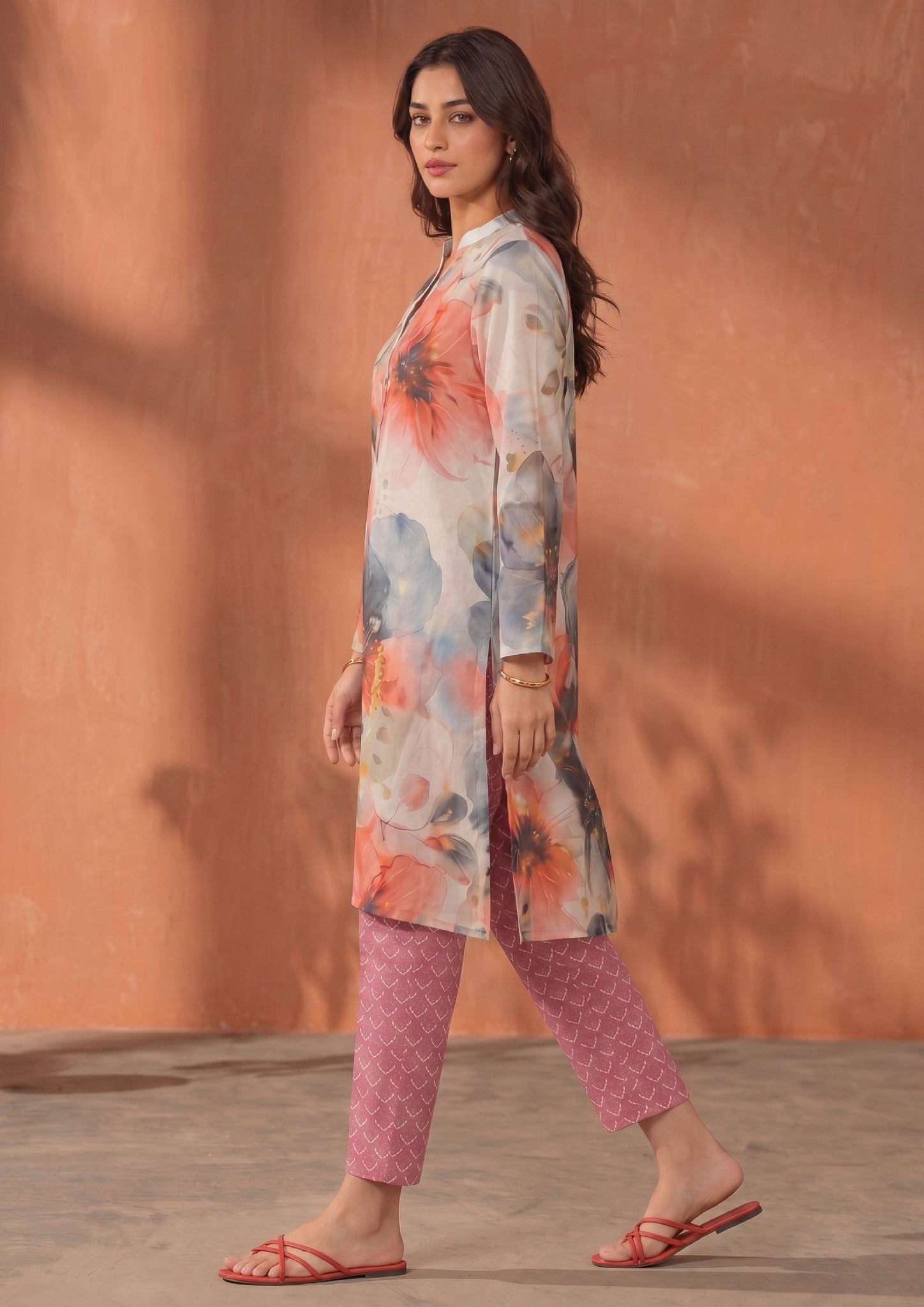 Side view of Mirasl Coral Dream 2 piece printed lawn co-ord set with knee-level floral shirt, side slits and fuchsia printed trouser.
