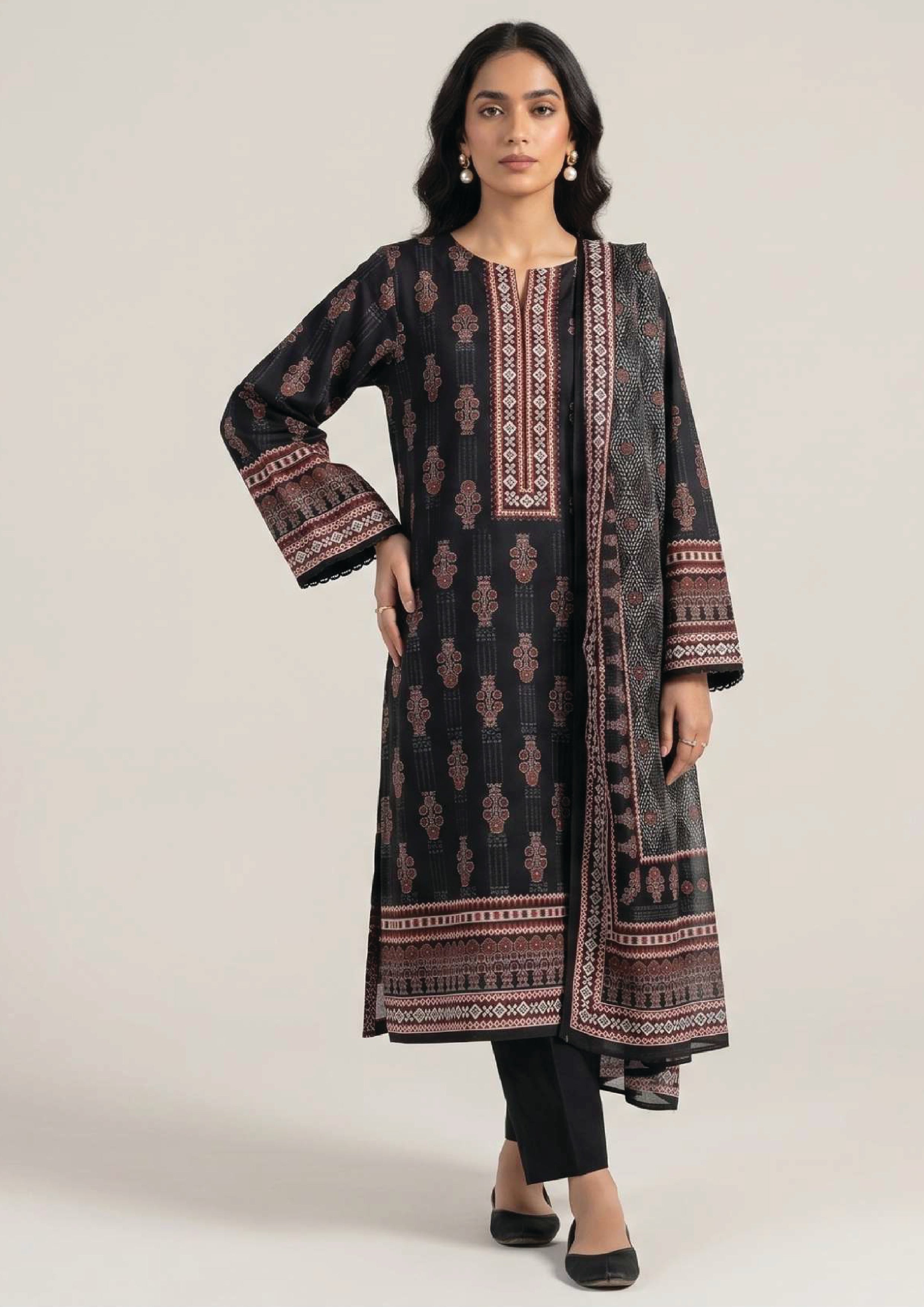 Crimson Mosaic Noir black 3 piece stitched lawn suit with crimson mosaic print, tailored trouser and dupatta