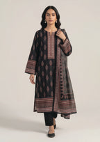 Back view of Crimson Mosaic Noir stitched lawn kurta with crimson motifs and sheer patterned dupatta