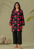 Mirasl Dark Blossom 2 piece printed lawn co-ord set in black with deep red floral print and black printed straight trouser.