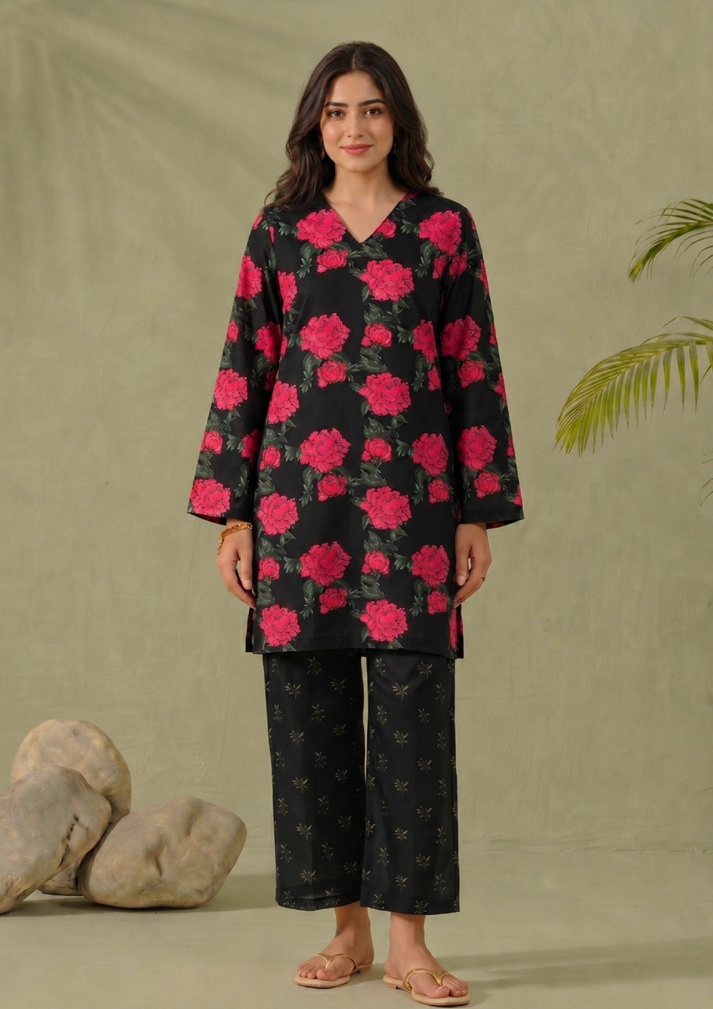 Mirasl Dark Blossom 2 piece printed lawn co-ord set in black with deep red floral print and black printed straight trouser.