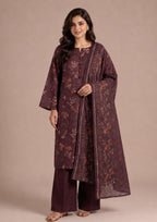 Deep Hues 3 Piece Stitched Lawn Suit by Mirasl from the fasl-e-rang collection featuring a deep maroon floral printed shirt, printed dupatta, and straight trousers.