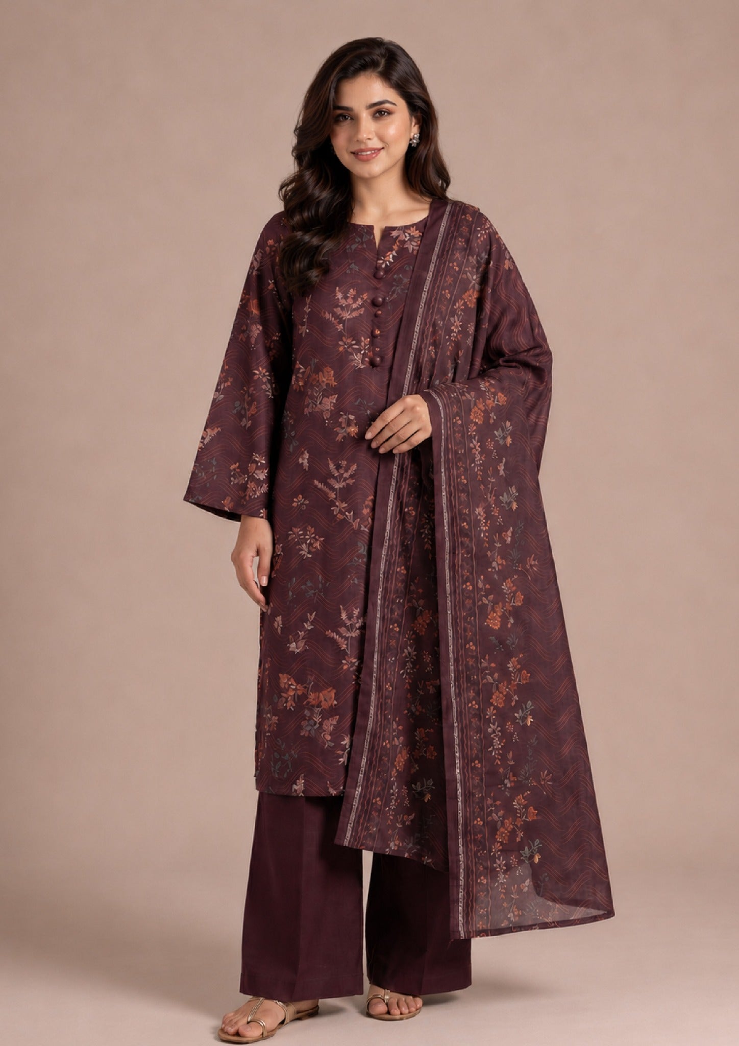 Deep Hues 3 Piece Stitched Lawn Suit by Mirasl from the fasl-e-rang collection featuring a deep maroon floral printed shirt, printed dupatta, and straight trousers.