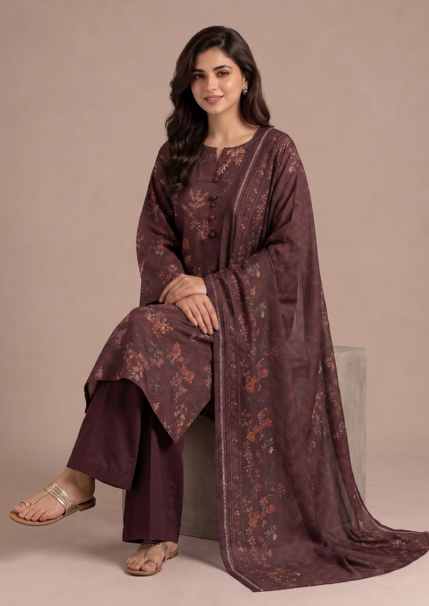 Side view of Deep Hues stitched printed lawn suit with breathable printed lawn fabric and elegant floral detailing by Mirasl.