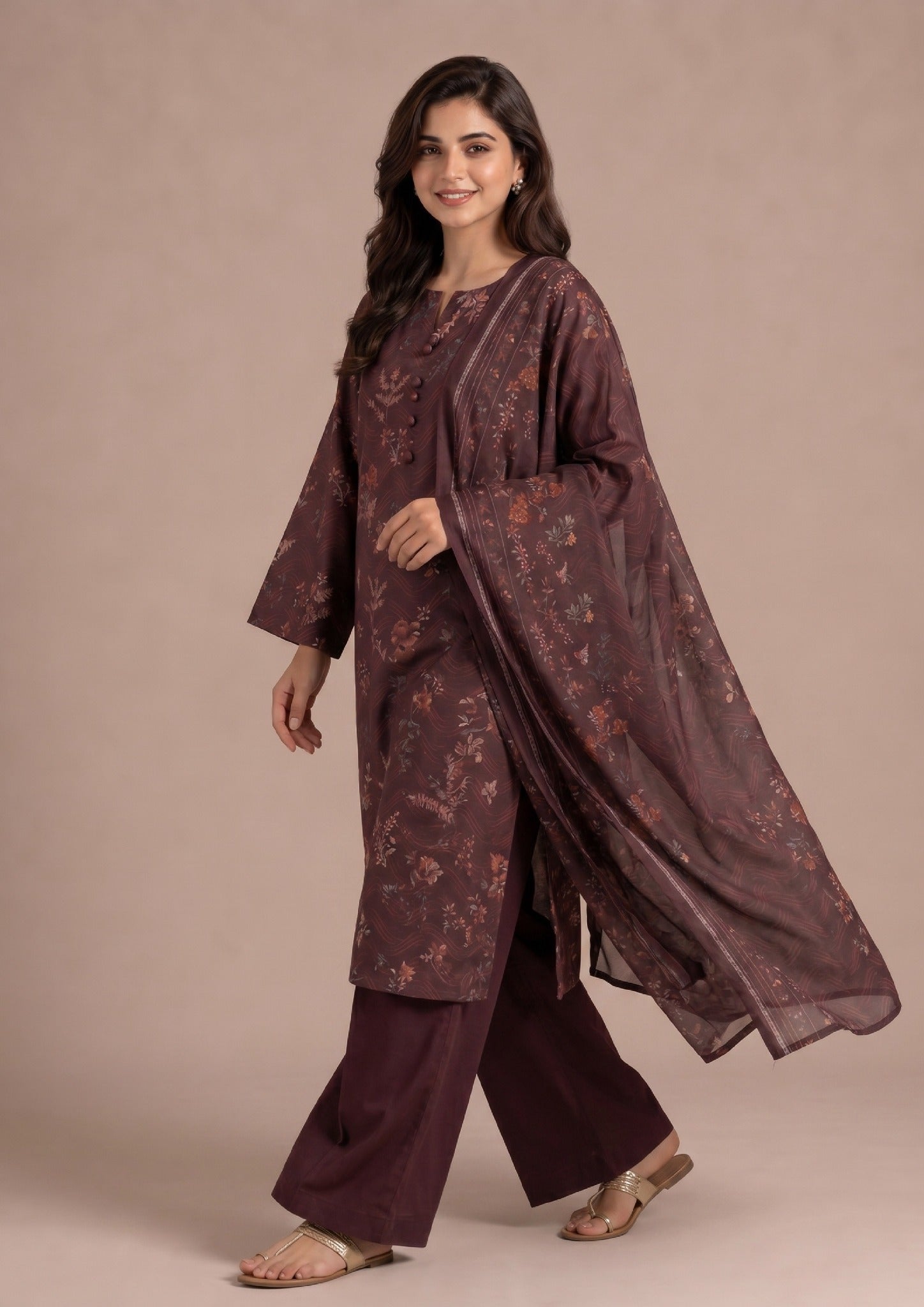 Seated view of Deep Hues Pakistani lawn dress from the fasl-e-rang collection with matching printed dupatta and straight trousers.