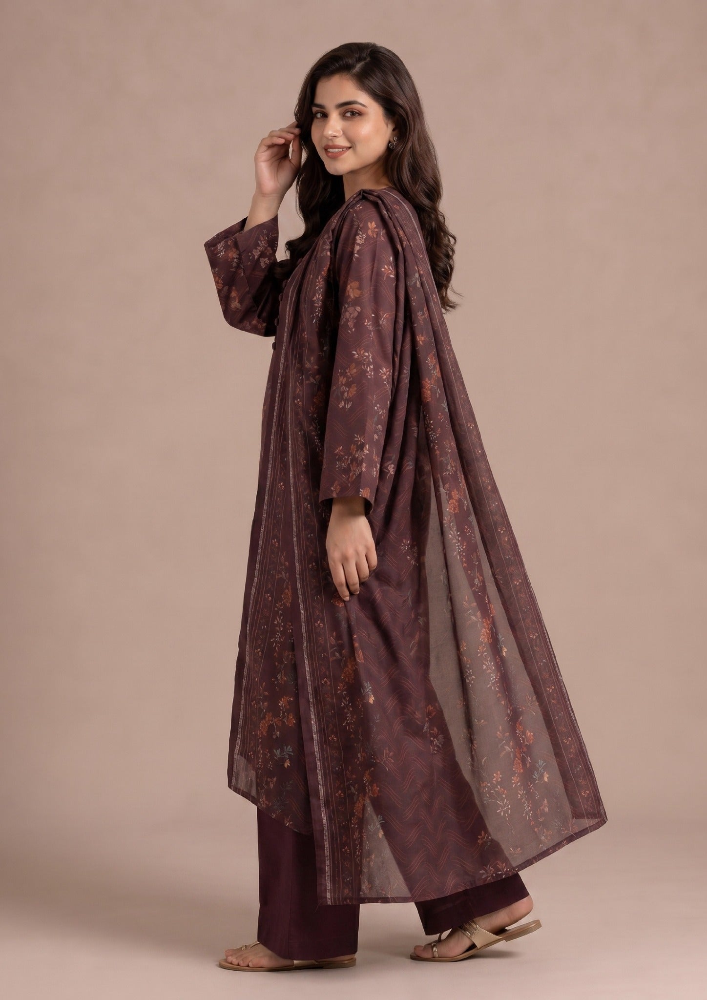 Front view of Deep Hues ready to wear lawn suit by Mirasl with coordinated floral printed lawn fabric and printed dupatta.