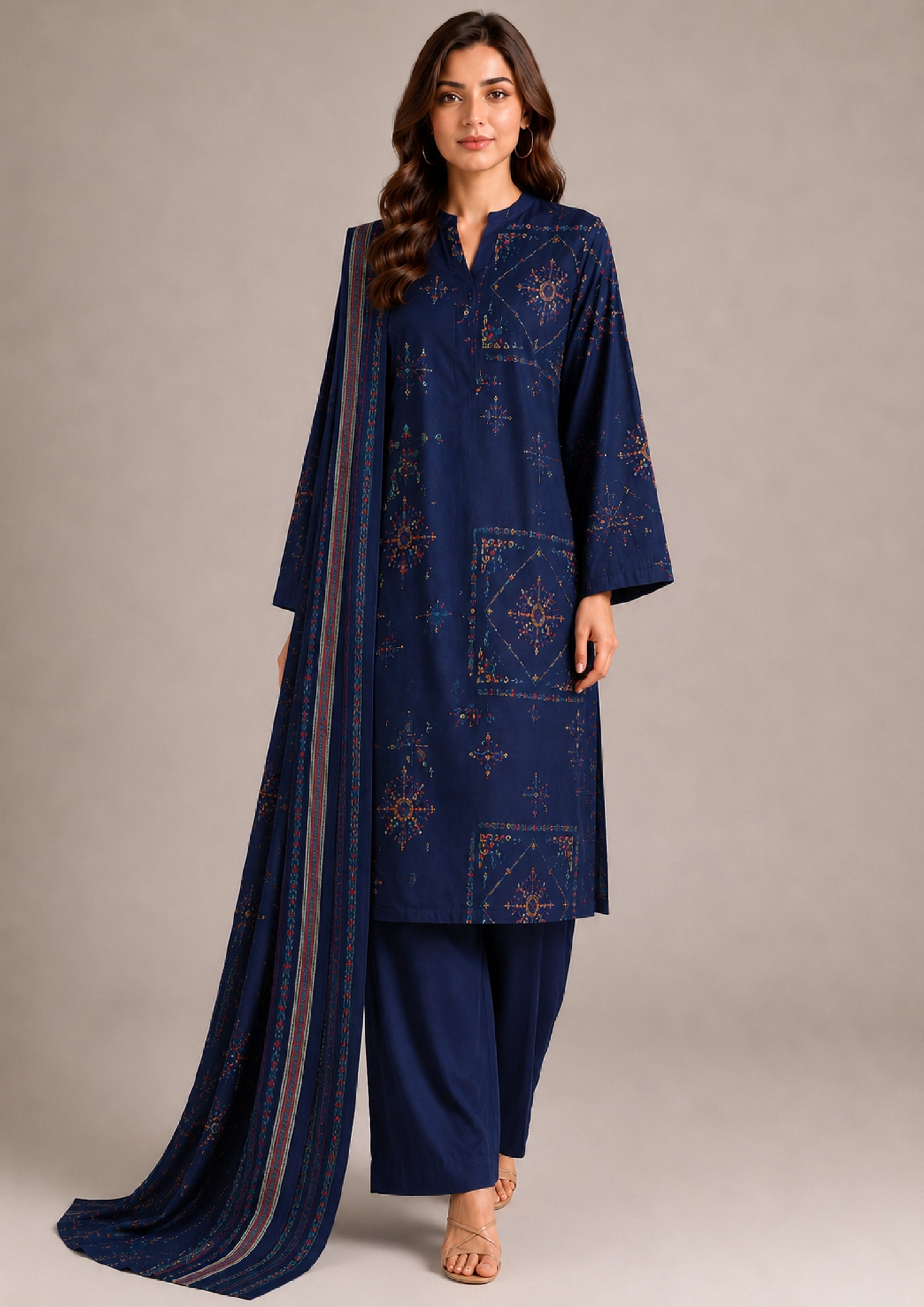 Front view of deep navy blue printed lawn suit with matching bordered dupatta, geometric floral print shirt and wide-leg trousers from Mirasl Fasl-e-Rang collection.