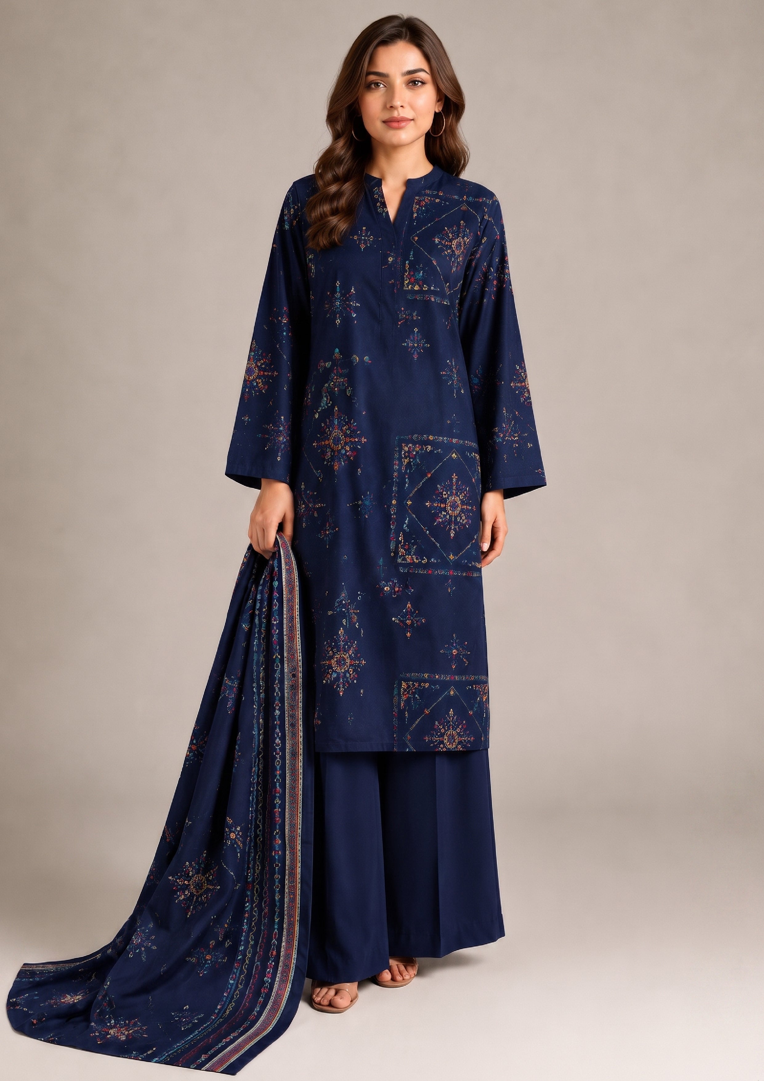 Deep navy blue printed lawn 3-piece suit featuring geometric floral print, matching bordered dupatta and solid navy trousers, side pose from Mirasl Fasl-e-Rang collection.