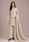 Full-length front view of Desert Sands 3 Piece Stitched Printed Lawn Suit by Mirasl featuring the desert beige printed lawn shirt, trouser and matching dupatta from the Fasl-e-Rang collection.