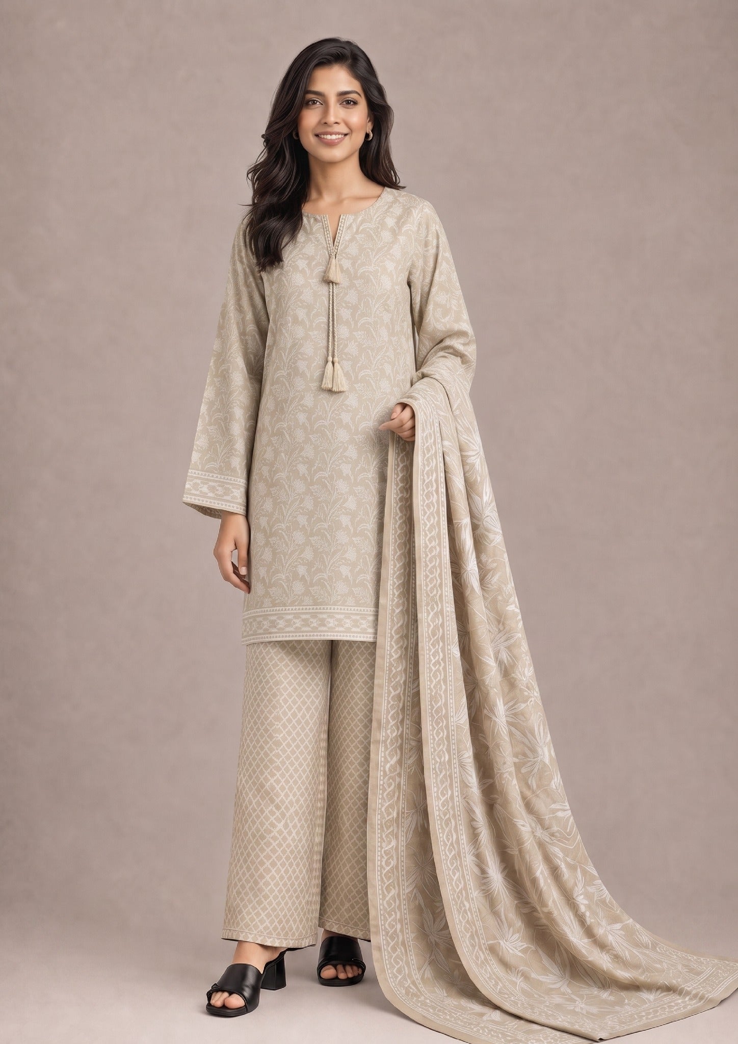 Full-length front view of Desert Sands 3 Piece Stitched Printed Lawn Suit by Mirasl featuring the desert beige printed lawn shirt, trouser and matching dupatta from the Fasl-e-Rang collection.