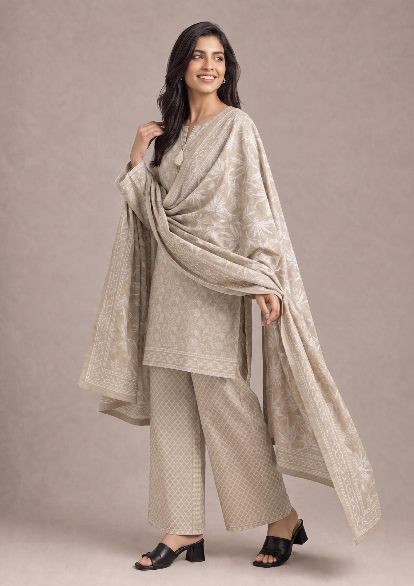 Draped styling view of Desert Sands printed lawn suit showcasing the coordinated printed lawn dupatta, tassel neckline and matching printed trouser by Mirasl.