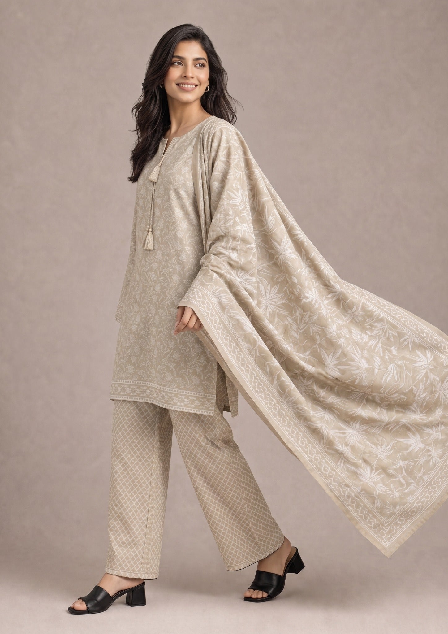 Walking lifestyle pose of Desert Sands 3 Piece Stitched Printed Lawn Suit highlighting the flowing printed dupatta, straight silhouette and breathable lawn fabric.