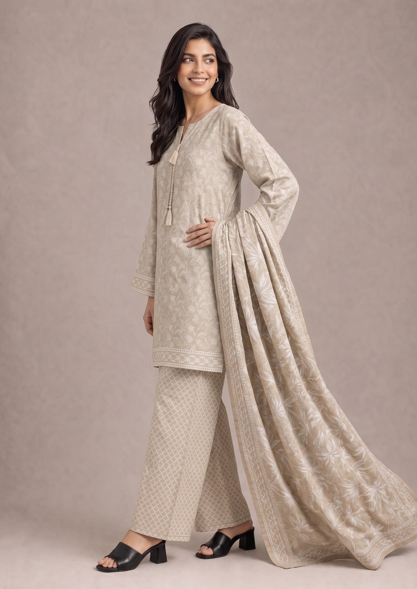 Elegant side pose of Desert Sands printed lawn suit featuring the desert beige printed shirt, coordinated trouser and floral printed dupatta by Mirasl.