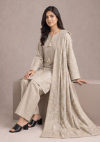 Seated editorial view of Desert Sands 3 Piece Stitched Printed Lawn Suit showcasing premium printed lawn fabric, dupatta drape and soft everyday styling.